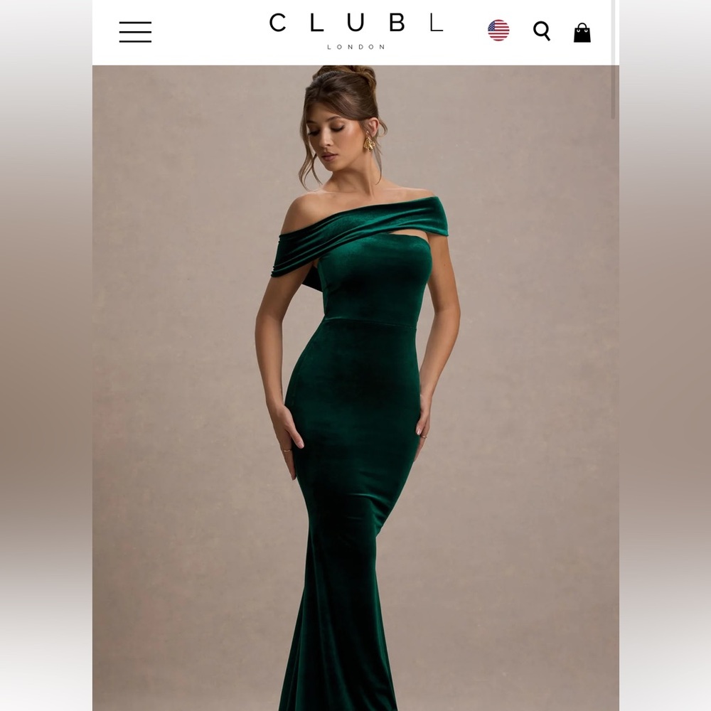 Club London CANDELA BOTTLE GREEN VELVET ASYMMETRIC BARDOT MAXI DRESS US SIZE 4